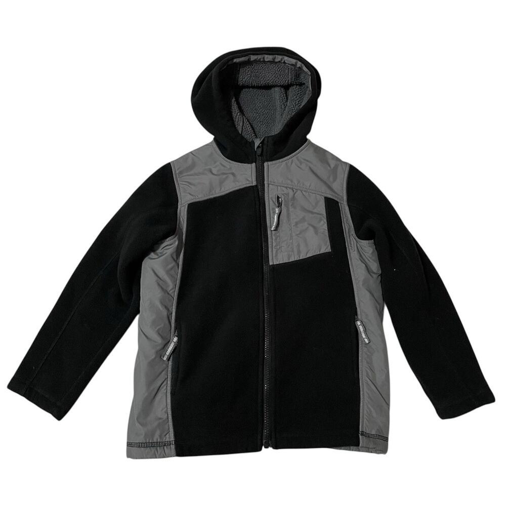 Lands End Boys Fleece Hooded Jacket Black Gray Size 7 Large Zip Up Pockets